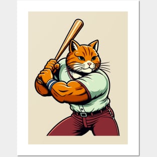 Vintage cat batsman - Retro 1990s Cartoon Style Baseball cat Posters and Art